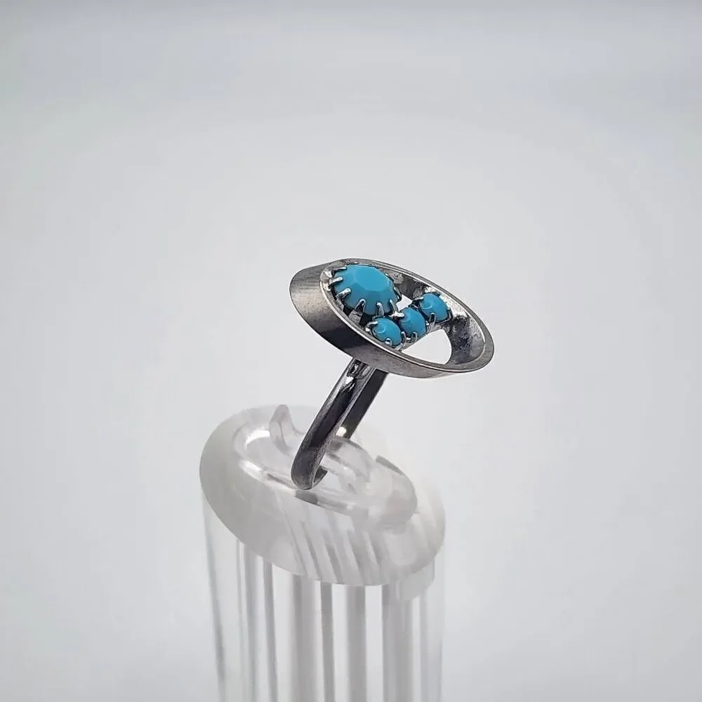 Vintage Ram-Zor Turquoise Rhinestone Silver Tone Adjustable Ring